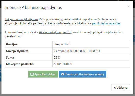 Išankstinės sąskaitos apmokėjimo instrukcija